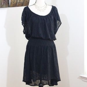 Leifnotes , Anthropologie Black Smocked Waist Hi Lo Scoop Neck Lace Dress  M....
